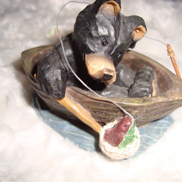 Hand Carved Look 2 Black Bear Fishing Figurines - Picture 4 of 7